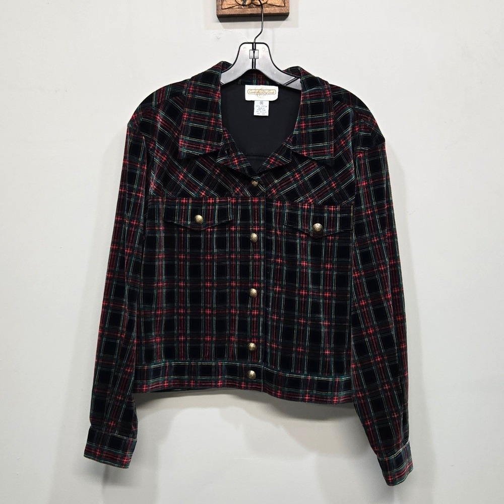 Vintage Cambridge Dry Goods Plaid Velvet Trucker Jacket Medium Boxy Ivy Preppy‎